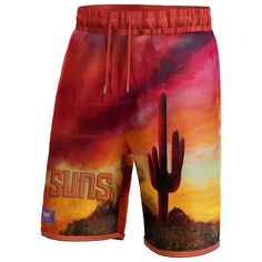 Get ready for tip-off in style by sporting these Phoenix Suns Hometown Shorts from NBA & KidSuper Studios by Fanatics. Capturing the intersection of sport and art, this streetwear-inspired gear features original artwork from KidSuper founder Colm Dillane that honors the unique Phoenix Suns culture. Show off your hometown pride when you step out in this stunning piece. Screen print graphics Machine wash, tumble dry low Inseam on size M measures approx. 8'' Material: 100% Polyester Two side po Casual Summer Basketball Bottoms, Casual Basketball Bottoms For Summer, Summer Basketball Sportswear Bottoms, Summer Sportswear Bottoms For Basketball, Red Sportswear Bottoms For Leisure, Sporty Summer Basketball Bottoms, Sportswear Bottoms For Summer Sports Events, Red Bottoms For Summer Sports Events, Moisture-wicking Summer Basketball Bottoms