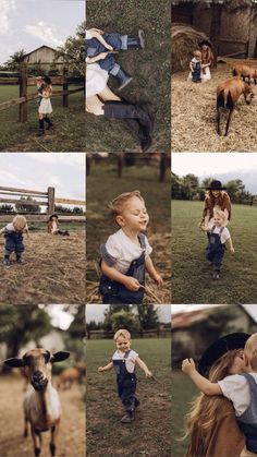 a little boy that is standing in the grass with a horse and some other animals