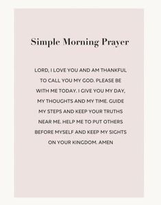 a card with the words simple morning prayer written in black and white on pink paper