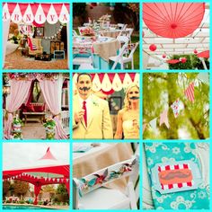 a collage of different pictures with red and white decorations on them, including an umbrella