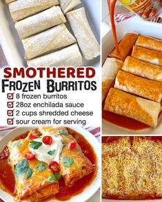 there are many different types of frozen burritos on the plate and in bowls