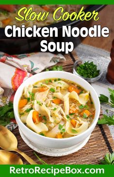 a bowl of slow cooker chicken noodle soup