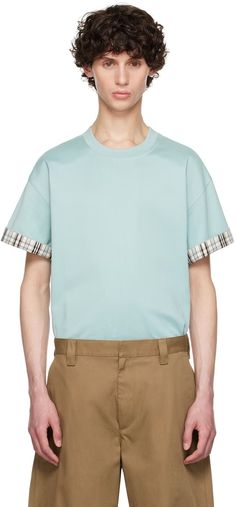 Bottega Veneta: Blue Double Layer T-Shirt | SSENSE Crew Neck Cotton T-shirt With Ribbed Cuffs, Cotton Shirt With Striped Cuffs And Relaxed Fit, Blue Cotton T-shirt With Ribbed Cuffs, Blue Tops With Striped Cuffs And Relaxed Fit, Blue Tops With Striped Cuffs In Relaxed Fit, Blue Relaxed Fit Top With Striped Cuffs, Blue Tops With Striped Cuffs Relaxed Fit, Blue Relaxed Fit Tops With Striped Cuffs, Blue Cotton Tops With Cuffed Sleeves