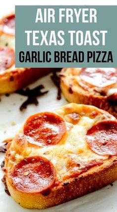 air fryer texas toast garlic bread pizza on a white plate with text overlay