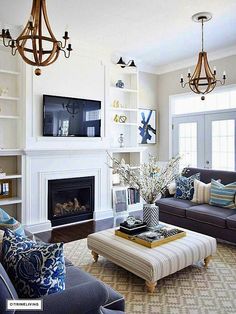 a living room filled with furniture and a fire place in front of a tv mounted on a wall