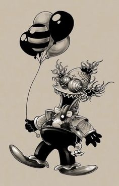 a drawing of a cartoon character holding balloons