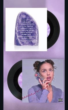 an image of a woman talking on the phone next to a purple background and black record