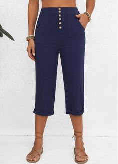 Color:Navy;Size:S;Size:M;Size:L;Size:XL;Size:XXL;Package Contents:1 X Pants; Casual Blue Bottoms With Buttoned Pockets, Blue Bottoms With Buttoned Pockets For Summer, Blue Bottoms With Buttoned Pockets For Work, Navy Bottoms With Buttons For Work, Summer Blue Bottoms With Buttoned Pockets, Navy Buttoned Bottoms For Work, Casual Navy Bottoms With Button Closure, Navy Workwear Bottoms With Buttons, Non-stretch High Waist Capris With Elastic Waistband