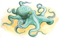 an octopus with yellow eyes is in watercolor and ink on paper, it appears to be floating