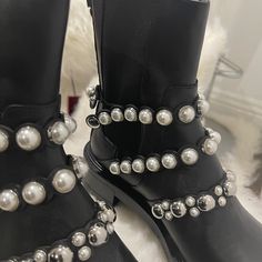 Zara New Peals Leather Boots Available Size 39, 40 Elegant Round Toe Boots With Silver Studs, Silver Embellished Boots For Spring, Elegant Silver Studded Boots, Zara Closed Toe Boots For Party, Zara Closed Toe Party Boots, Zara New, Zara Shoes, Zara Black, Biker Boot