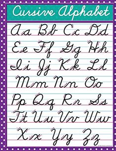 the cursive alphabet is shown in purple and white with polka dots on it