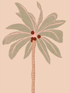 a drawing of a palm tree with pink and green leaves on the top, against a beige background