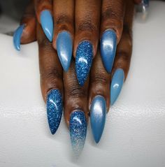 Blue Water Nails, Denim Blue Nails, Blue Nails Acrylic, Skyler Bradshaw, Valentines Nail Ideas, Valentines Nail, Water Nails, Nails Sparkle, Long Acrylic