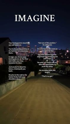 an image of a city at night with the words imagine written in front of it