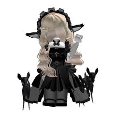 a paper doll is dressed in black and white with long blonde hair, holding a knife