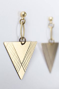 Triangle Earring Brass Earring Dangle Earrings Drop Triangle Metal Earrings For Gift, Triangle Gold Metal Earrings, Gold Triangle Metal Earrings, Nickel-free Geometric Brass Earrings, Everyday Gold Triangle Earrings, Nickel Free Triangle Metal Earrings, Geometric Brass Earrings, Nickel-free Metal Triangle Earrings, Brass Earring