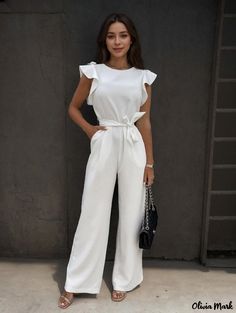 Olivia Mark - Bodysuit with High Waist, Cinched Waist, and Tie Belt Stylish Jumpsuit Trousers White Sleeveless Ruffled Jumpsuits And Rompers, White Sleeveless Jumpsuit With Ruffles, White Sleeveless Ruffled Jumpsuit, White Summer Jumpsuits And Rompers For Work, Casual White Jumpsuits And Rompers With Ruffles, Elegant White Jumpsuits And Rompers With Pockets, White Jumpsuits And Rompers With Pockets For Work, Chic Fitted White Overalls, Stylish Jumpsuit