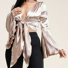 Bell Sleeve 96% Polyester 4% Spandex Fitted Satin Top For Glamorous Style, Fitted Satin Tops For Spring, Glamorous Fitted Satin Tops, Glamorous Stretch Blouse For Spring, Spring Gold Satin Blouse, Gold Satin Blouse For Spring, Fitted Gold Satin Top, Glamorous Satin Tops For Fall, Satin Tie Front Top