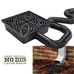 an image of a black drain cover attached to a brick wall with the words baby install no live catch basin below it