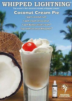 an advertisement for whipped lightning coconut cream pie on a wooden table next to a coconut