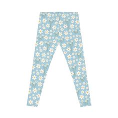 Experience the ultimate in comfort and style with our Sky Blue Daisy Women's Casual Leggings. Made with a light blue fabric, these leggings feature a delicate daisy design that is both pretty and sweet. Stay calm and in control during your workouts, while looking adorable and cute. Bring a touch of nature to the gym with our floral white flower print. Perfect for morning yoga or any exercise attire, these leggings are a must-have for any spring or summer wardrobe. The most comfortable item in your clothing shop, these casual leggings are so smooth no one will ever want to step out of them. They're made from 83% polyester, 17% spandex and sport a silky finish. Perfect for chilling in the house and working out – the elastic waistband keeps them in place at all times. A size and care label is Casual Daisy Print Bottoms For Spring, Casual Spring Bottoms With Daisy Print, Light Blue Floral Print Bottoms For Spring, Trendy Full Length Leggings For Spring, Fitted Light Blue Casual Leggings, Blue Floral Print Loungewear Pants, Blue Floral Print Pants For Loungewear, Trendy Blue Pants With Floral Print, Casual Blue Leggings For Loungewear