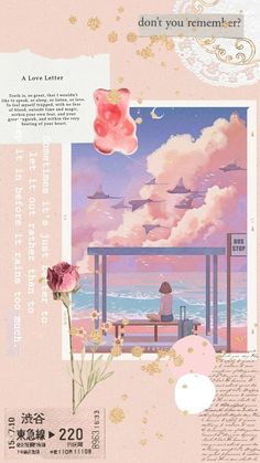 an advertisement with flowers and clouds in the sky, on top of a pink background