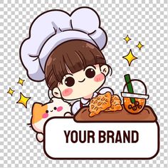 a cartoon character holding a sign that says your brand, with an image of a chef and