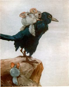 two black birds sitting on top of a rock next to a small mouse in front of them