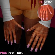 a woman with pink frenchies holding her hands out in front of her chest and arm