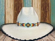 Southwest Diamond Beaded Hat Band Multicolor Beaded Hat With Curved Brim, Multicolor Beaded Hats For Rodeo, White Beaded Hat Bands With Curved Brim, White Beaded Curved Brim Hat, Country Style Beaded Hat With Curved Brim, White Beaded Hat With Short Brim, White Beaded Short Brim Hat, Southwestern Wide Brim Beaded Hats, Beaded Hat Bands