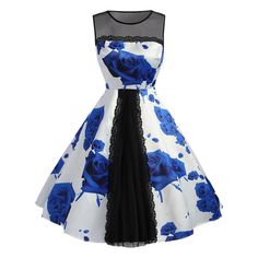 Floral Print Sleeveless Retro Dress - Blue - 3767306612 - Original Design-Women's Clothing  #OriginalDesignWomensClothing #Original #DesignWomen's #Clothing Vintage Dresses Cheap, Vintage Dresses For Sale, Vintage Dresses Online, Retro Style Dress, Dress Stores Online, Womens Vintage Dresses, Lace Insert, Cheap Fashion, Rose Print