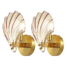 pair of scallop glass wall lights in brass finish with gold trimmings