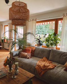 a living room filled with lots of furniture and plants on top of a hard wood floor