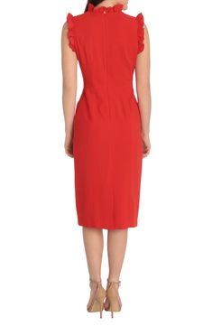 A cap sleeve woven sheath dress features a frilly ruffled trim on the neckline. . Ruffled mock neck. Cap sleeves. Hidden back zip closure. Solid. Woven construction. Imported Pretty And Polished, Maggy London, A Cap, Polished Look, Cap Sleeve, Sheath Dress, Mock Neck, Cap Sleeves, Nordstrom Rack