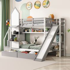 a child's bedroom with a slide and bunk bed