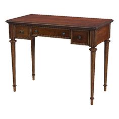 an antique wooden desk with two drawers on one side and three turned down legs at the bottom