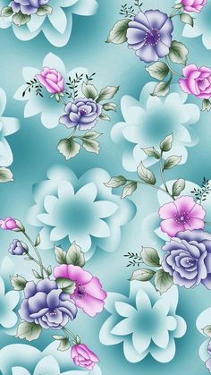 blue and pink flowers on a light blue background