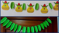 some paper decorations are hanging from a line on the wall, and another is decorated with green leaves