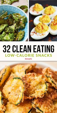 three pictures with different types of food and the words 32 clean eating low - calorie snacks