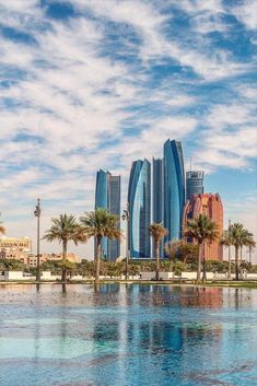 a large body of water with palm trees in the foreground and tall buildings in the background