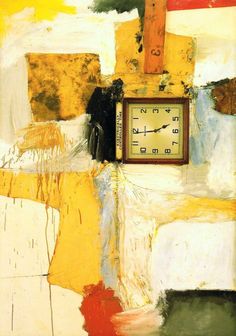 an abstract painting with a clock in the middle and yellow, green, white and red colors