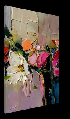 an abstract painting of flowers in a vase on a black background with white and pink colors