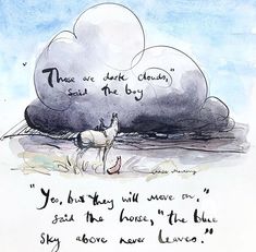 a drawing of a horse standing in front of a cloud with words written on it