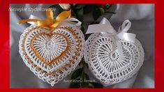 two crocheted heart shaped ornaments with bows on the top and one in the middle