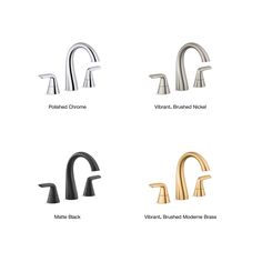 four different types of faucets in various styles and colors, with the names above them