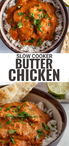 slow cooker butter chicken in a bowl with rice and cilantro