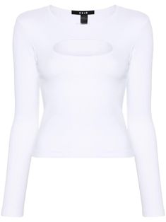 white stretch-cotton fine ribbed scoop neck cut-out detailing at the chest long sleeves straight hem embroidered tonal logo to the rear White Elastane Tops With Scoop Neck, Fitted White Ribbed Long Sleeve Top, White Scoop Neck Tops In Elastane, Fitted White Long Sleeve Ribbed Top, Fitted White Cutout Tops, Trendy White Cutout Tops, White Ribbed Elastane Top, White Fitted Long Sleeve Crew Neck Top, White Stretch Long Sleeve Top With Thumbholes