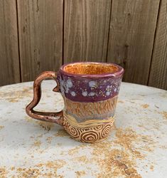 a coffee cup sitting on top of a table