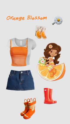 an orange blossom outfit is shown with rain boots and rubber boots on the bottom right hand corner