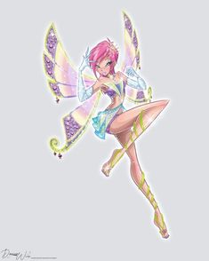 a fairy with pink hair and wings is flying through the air, holding her hand on her hip